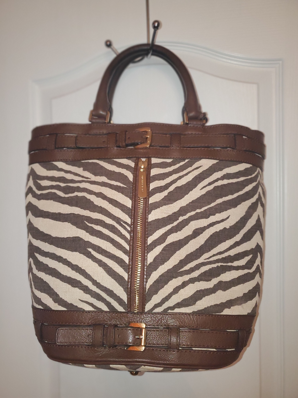 Michael Kors Brown and Cream Zebra-Print Canvas Tote with Leather Trim